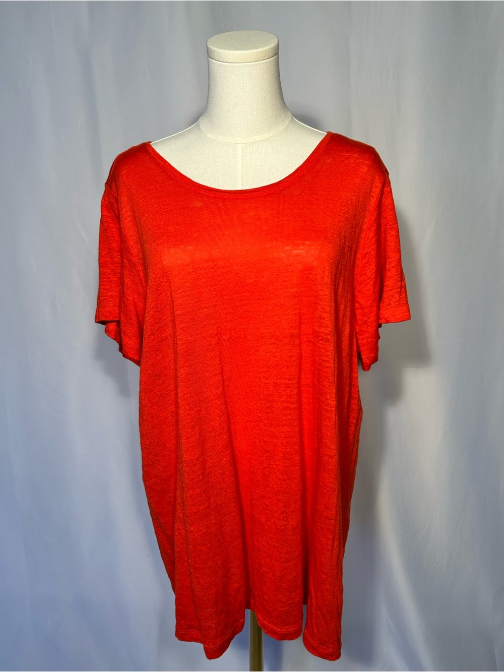 3X Tahari Scoop Neck Minimalist Short Sleeve Tee with Button Accent Tomato Red
